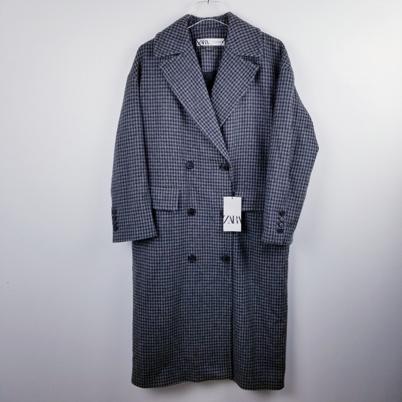 NEW Zara Wool Blend Oversized Double Breasted Long Houndstooth Coat Gray… - Picture 4 of 15